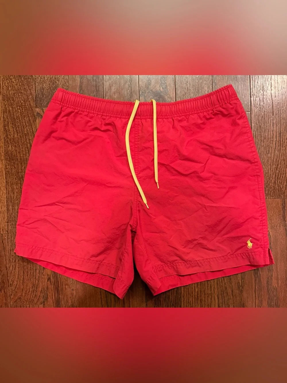 Vintage polo sport Men's Red Swim Trunks with Yellow Drawstring medium